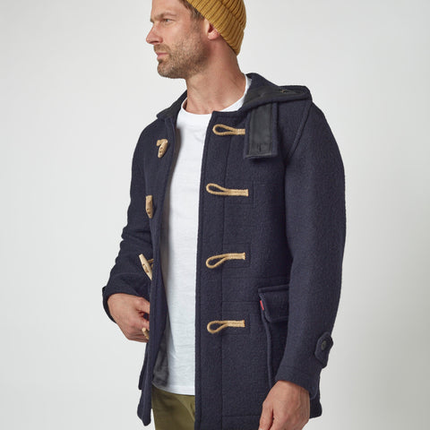 Men's Super Slim Gion Duffle Coat in Raw Wool - Navy