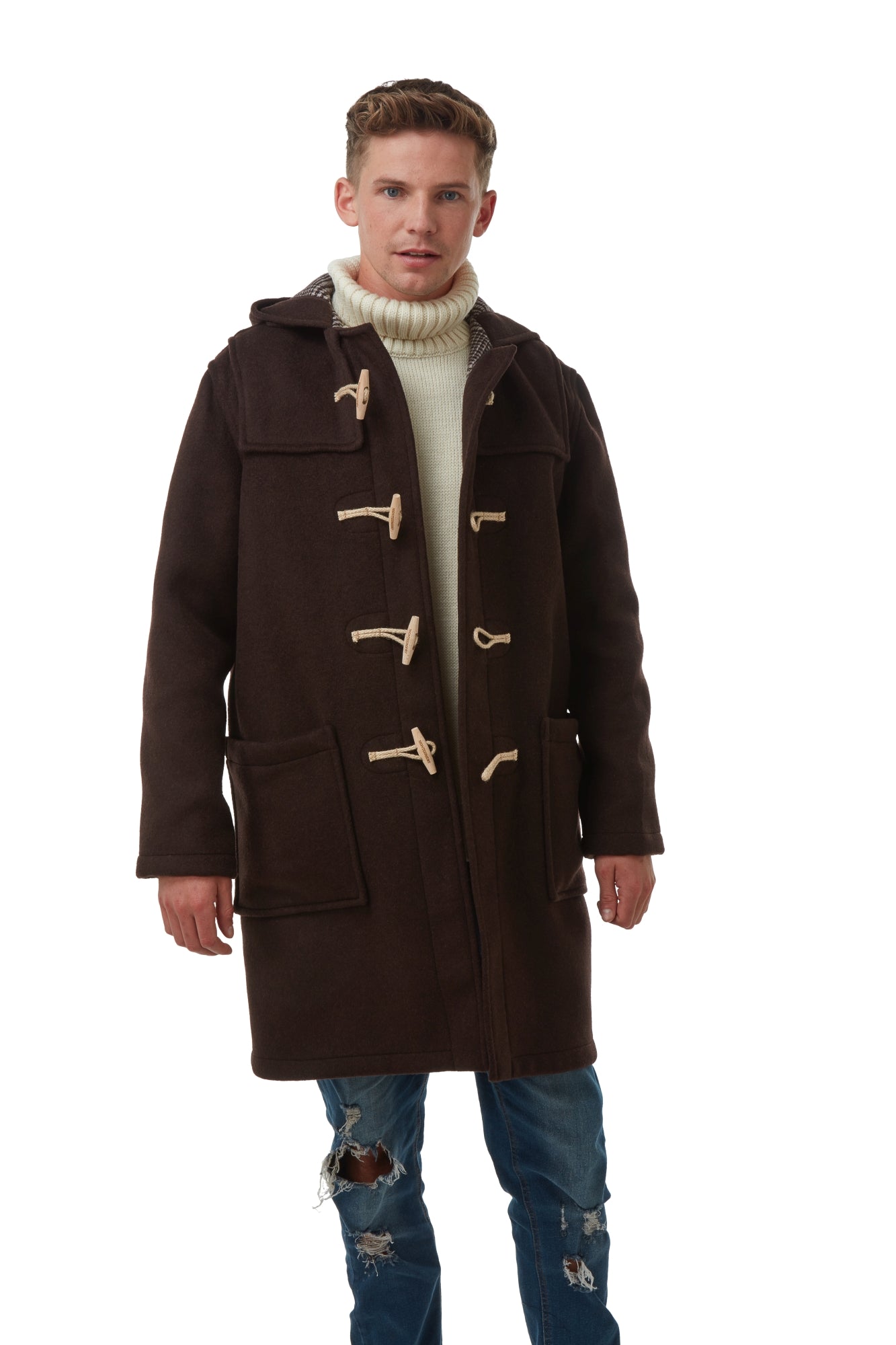 Men's Classic Fit Duffle Coat with Wooden Toggles - Brown