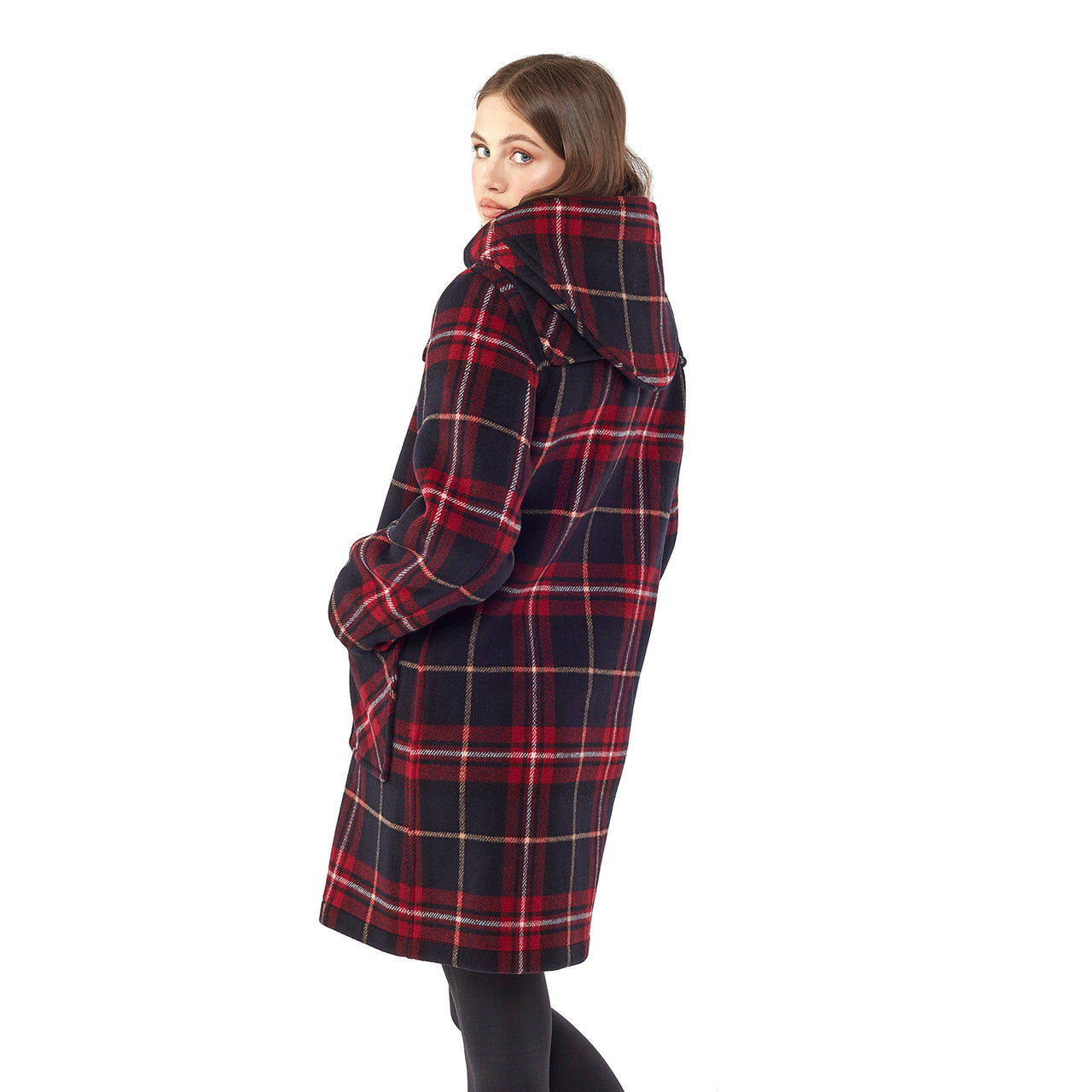 Women's Classic Fit Duffle Coat with Wooden Toggles - Burgundy Check