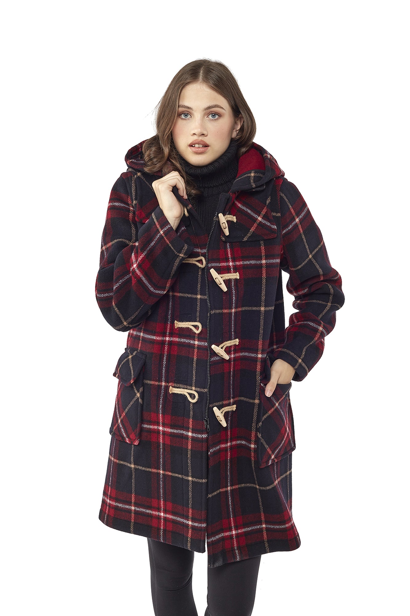 Women's Classic Fit Duffle Coat with Wooden Toggles - Burgundy Check