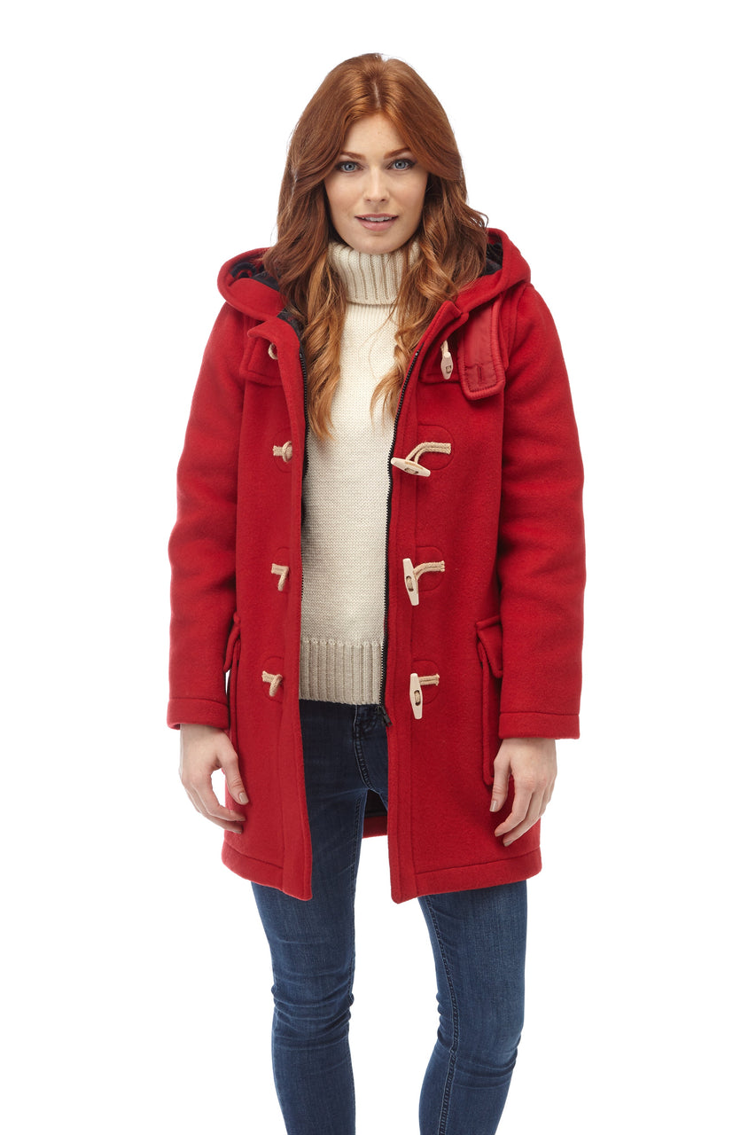 Women's Classic Fit Duffle Coat with Wooden Toggles - Red