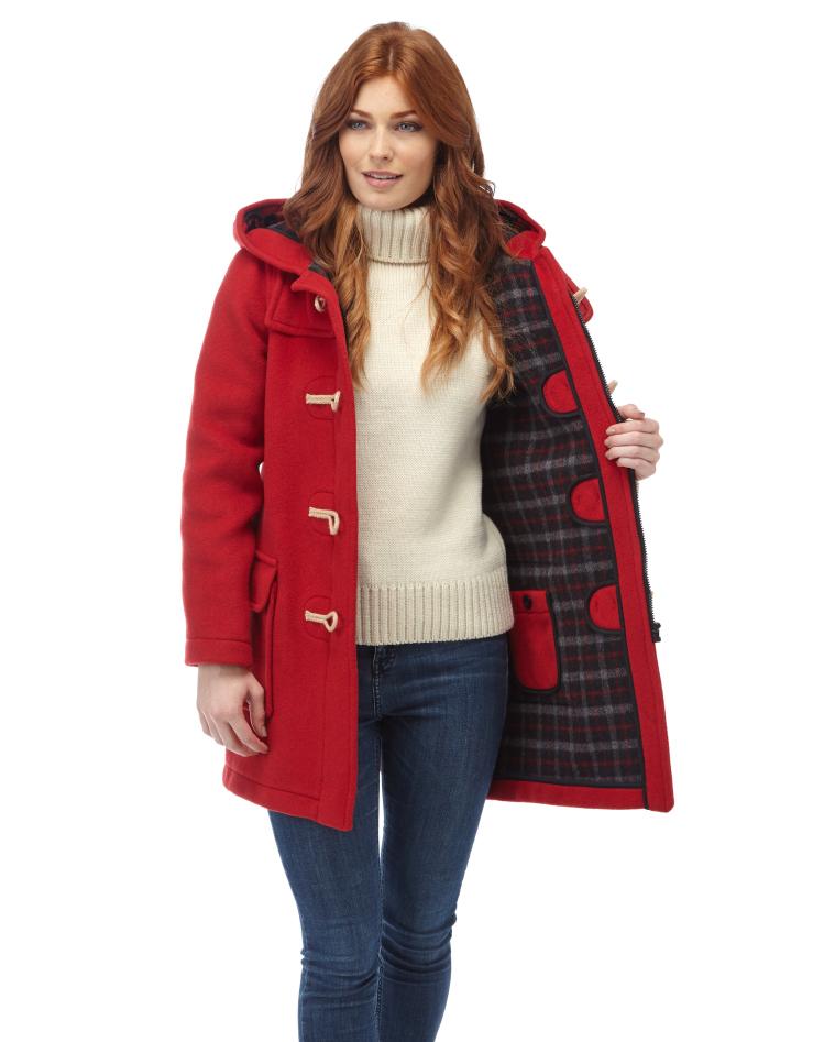 Women's Classic Fit Duffle Coat with Wooden Toggles - Red