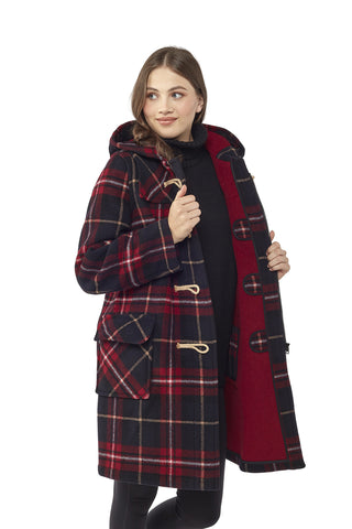 Women's Classic Fit Duffle Coat with Wooden Toggles - Burgundy Check